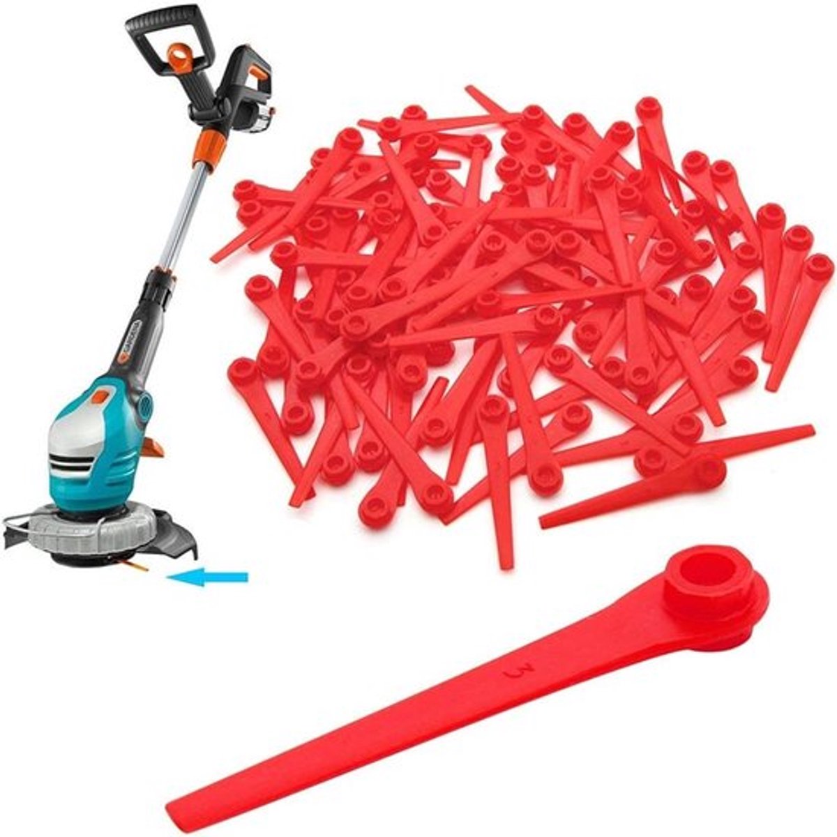 Geschikt voor Verpakking van 100 kunststof vervangingsmesjes voor Gardena 9823 9825 grasmaaier 70 mm Rood