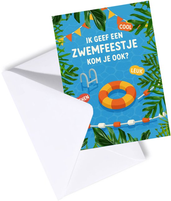 Uitnodiging voor een zwemfeestje, deels uit een envelop, met de tekst 'Ik geef een zwemfeestje, kom je ook?' en een zwemband.