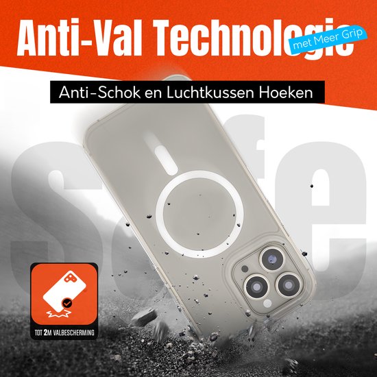 Coque de téléphone transparente avec logo MagSafe tombant. Texte 'Technologie Anti-Chute'.