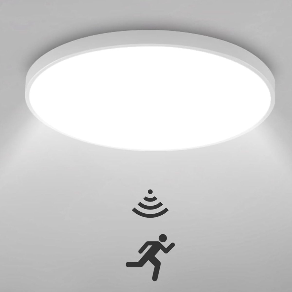 LED plafondlamp met bewegingssensor, 22 cm, plat, ultradun, 18 W, 6500K, waterdicht IP44, voor balkon, garage, gang