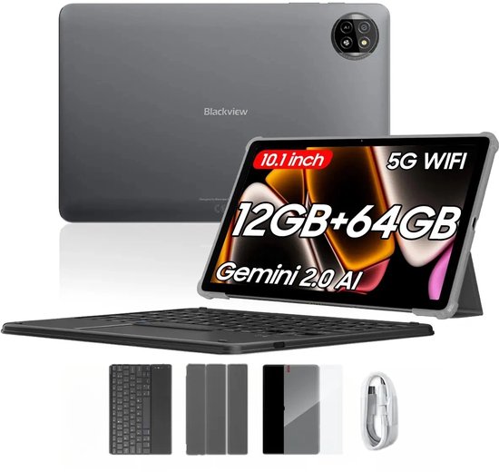 Blackview Tab 20 WiFi Tablet - Met Toetsenbord - 10 inch - 12GB RAM - 64GB ROM - Android 15 - 6600mAh - OTG - FM - Grijs