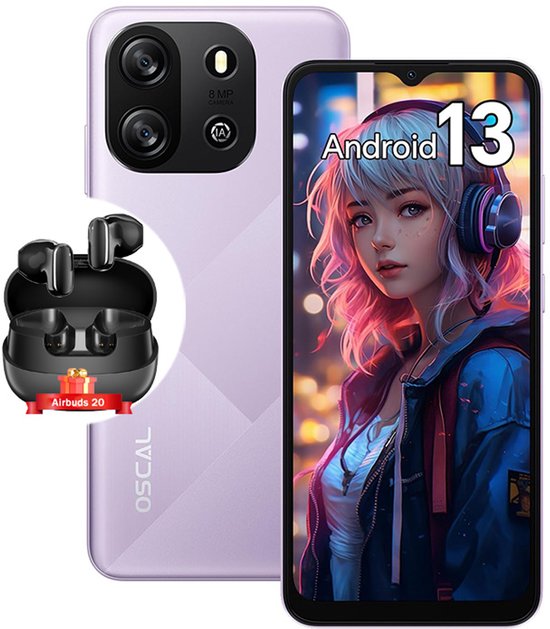 Oscal Blackview Flat 1C 6.517'' 4GB+32GB-SD 1TB 8MP+5MP 4700mAh Android 13 Dual SIM - Crystal Purple Met oortelefoon Blackview Airbuds 20