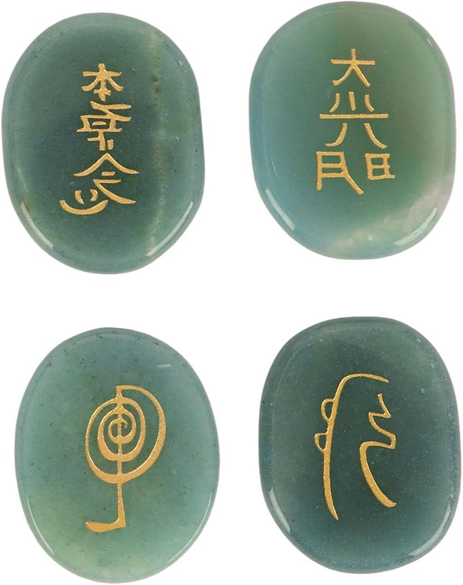 Natuurlijke runenstenen set met Reiki-symbolen in opbergtas - Meditatie-stenen - 4 stuks
