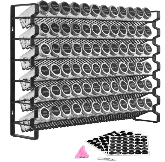 Kruidenrek met 6 Niveaus met 72 Lege Potten, Trechterset en Labels - Organizer voor Kruiden In De Keuken, Kast Of voorraadkast 591 X 118 X 407 mm