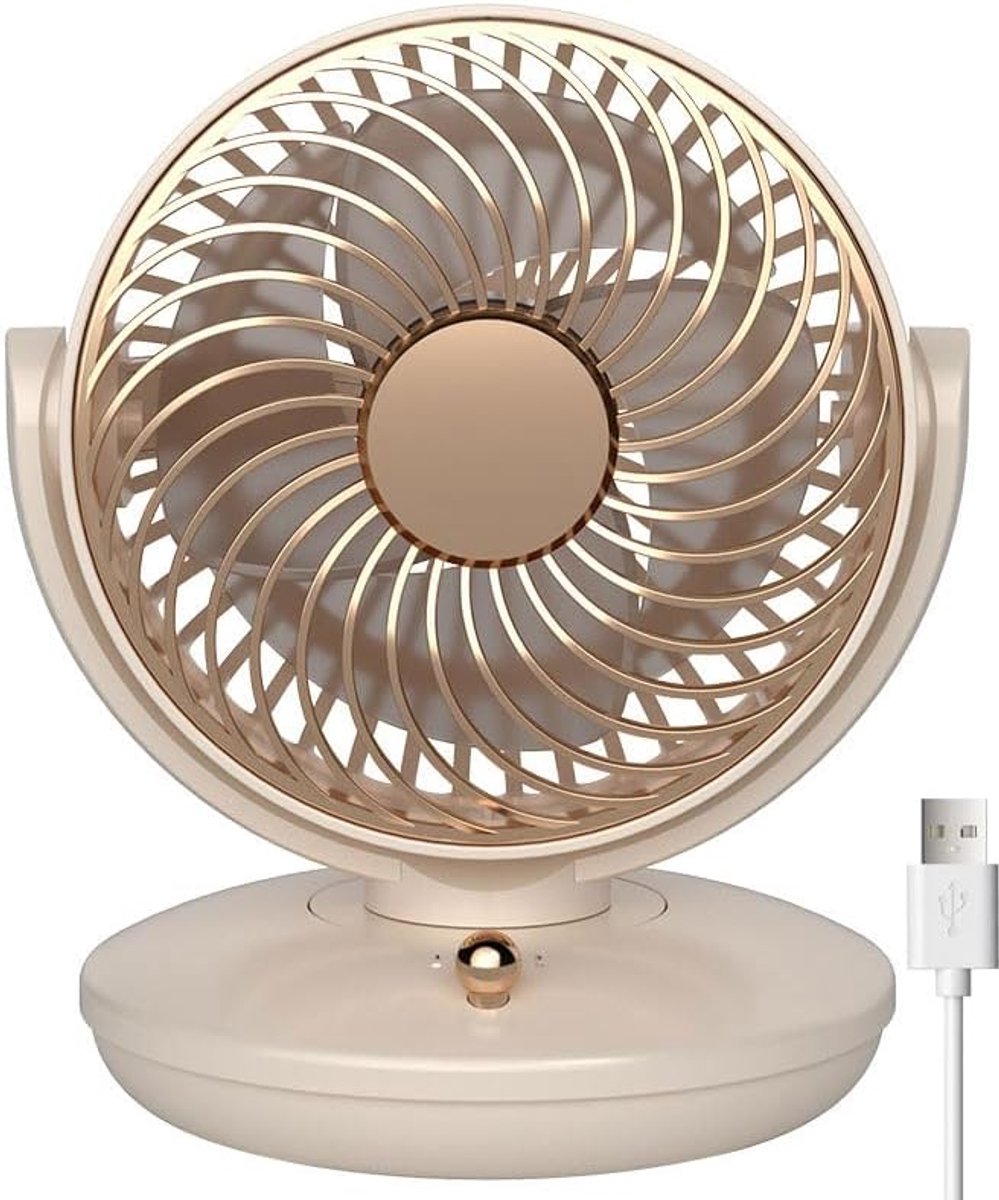 6 inch Tafelventilator Draadloos - Mini USB ventilator - 3 snelheden - Stille ventilator - 120° automatische rotatiefunctie - Verstelbare hoek - Stille ventilator - Bureauventilator voor thuis, kantoor, slaapzaal, slaapkamer - Beige