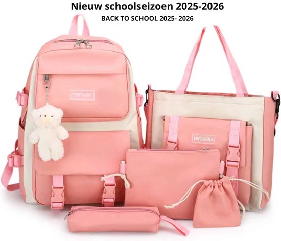 Schooltas - 5 in 1- Rugzak - Rugtas - Rugtas dames - Schoudertas - Gymtas - Tienertas - Schooltas - Roze - Boekentas - Meerdere Vakken-