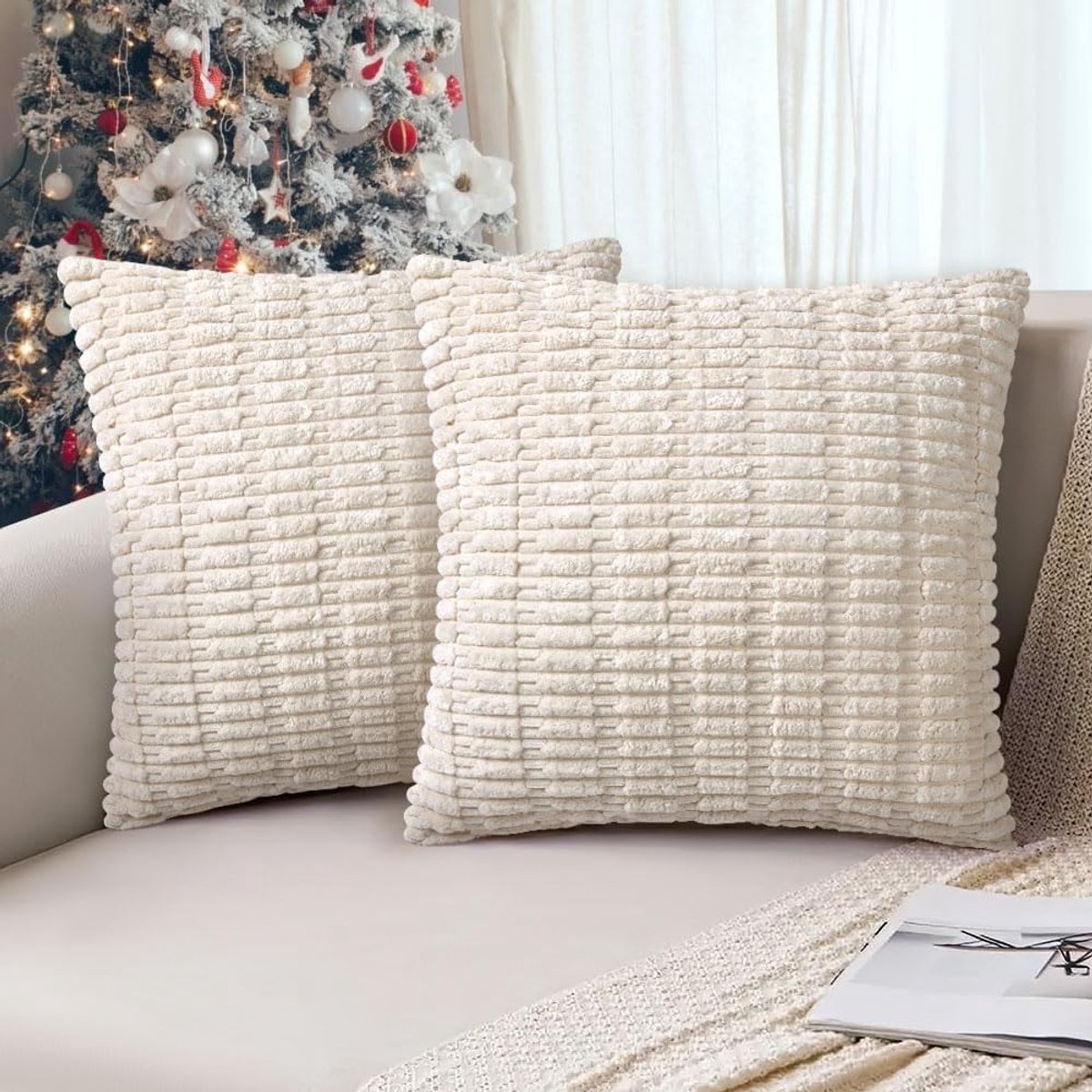 Famanu - Set van 2 kussenslopen, corduroy kussenhoezen, 40 x 40 cm, kerstdecoratie, moderne boho-decoratie, zachte sierkussenhoezen, kussens voor bank, stoel, slaapkamer, beige-B