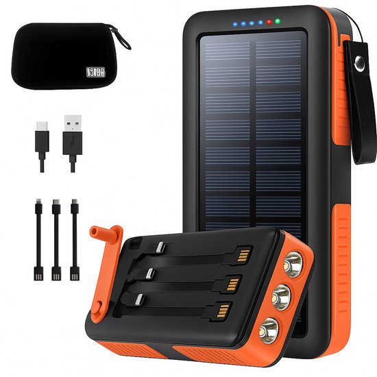Journeyz® Solar Powerbank - Powerbanks - Powerbank Zonne-energie - 30000 mAh - 6x Ingebouwde kabels - Apple & Android - Noodpakket - Outdoor - Zaklamp - Meerdere Apparaten - Solar Charger - Snellader - Inclusief gratis digitale opbergtas