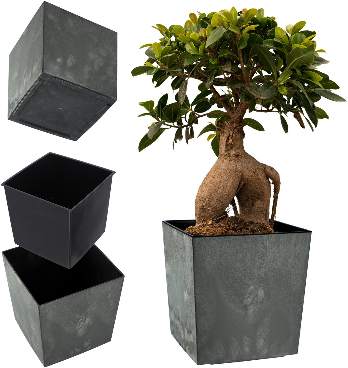 KADAX Bloempot van kunststof, weerbestendige tuinpot voor balkon, terras, binnen, lichte pot met inzet, plantenpot, bloempot (beton zwart, hoogte: 19,5 cm)