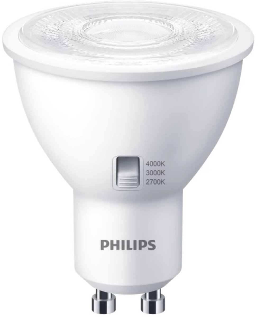 Philips LED GU10 4.8W - Instelbare lichtkleur CCT-switch 2700K/3000K/ 4000K - 36° - Dimbaar | GU10 50mm | Extra Warm Wit-Warm Wit-Koel Wit | 4.8 watt | 15.000 Branduren