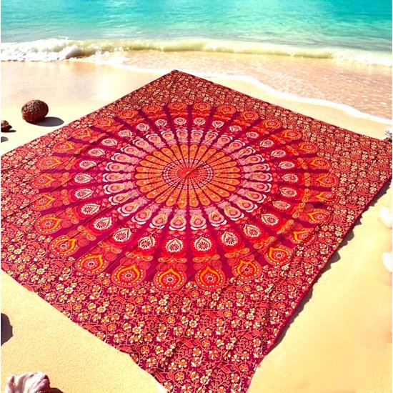 XXL strandlaken - 100% duurzaam katoen - extra groot strandkleed - Mandala stranddoek- Rood/Oranje/Geel - Wandkleed - mandala print - Zomer laken sprei