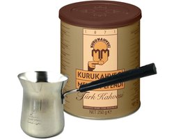 Kurukahveci Mehmet Efendi Turkse Koffie 250g + Cadeau pakket met Cezve - Turkish Coffee and Stainless Steel Coffee Pot (CEZVE) Coffee Set
