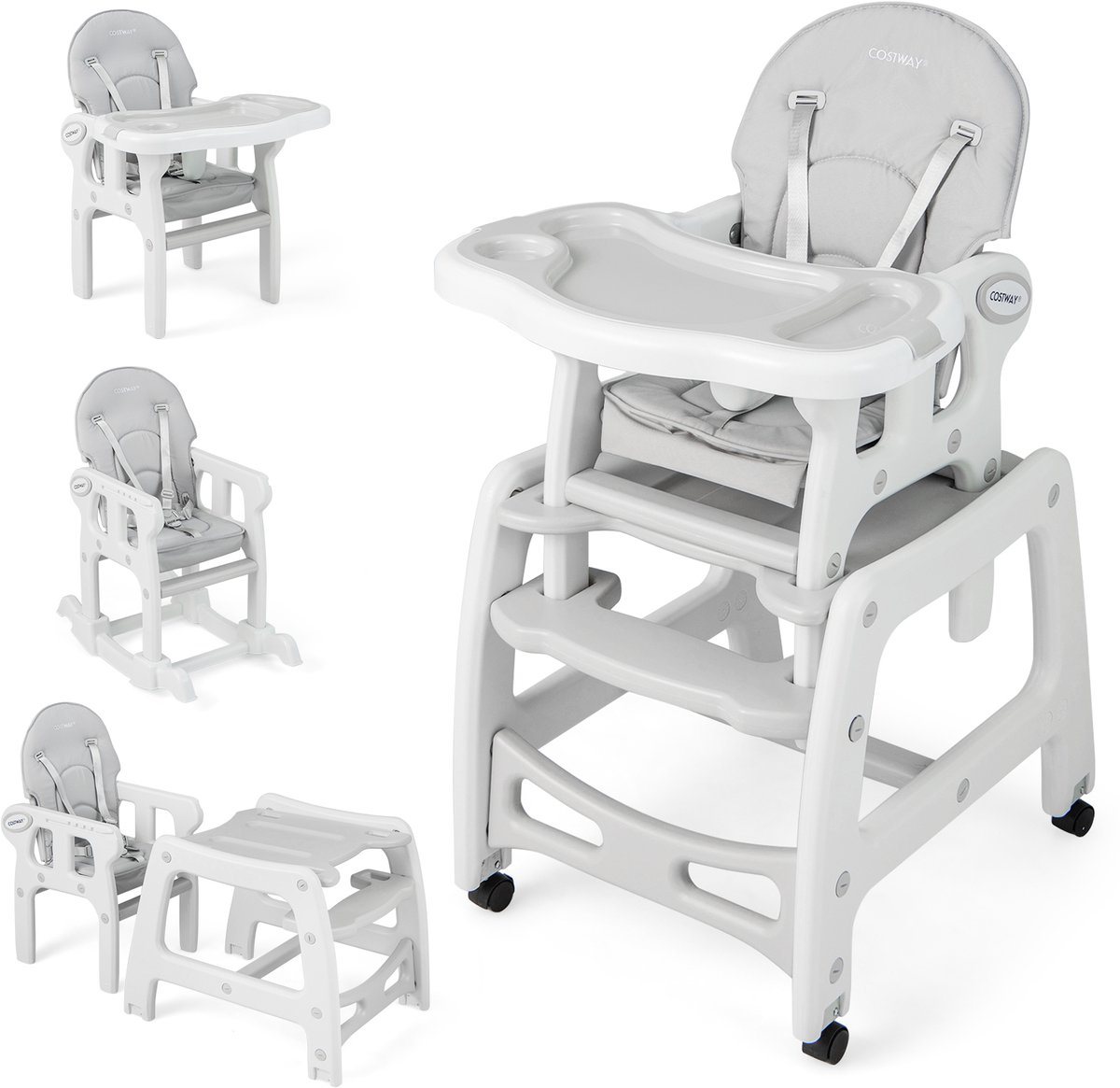 COSTWAY 3 in 1 babystoel, kinderstoel & eetkamerstoel & kinderzitgroep, converteerbare kinderstoel met 5-puntsgordel, afneembaar dienblad & zitkussen & rugleuning, voor 6-36 maanden, 20 kg draagvermog