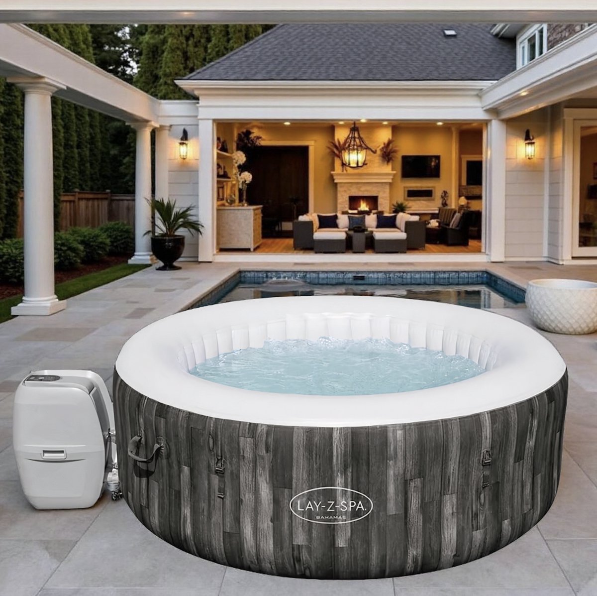 Opblaasbare Jacuzzi Rond voor 2–4 Personen – Ø180x66cm – 669L – Inclusief Pomp, Cover, Freeze Shield & Chemconnect – Jacuzzi voor Tuin & Terras in Houtlook