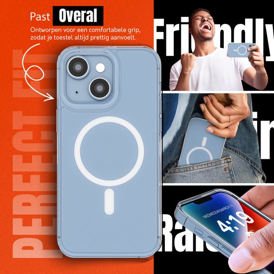 Doorzichtige blauwe hoes voor iPhone, "Past Overal" tekst, man houdt telefoon vast, man stopt telefoon in broekzak.
