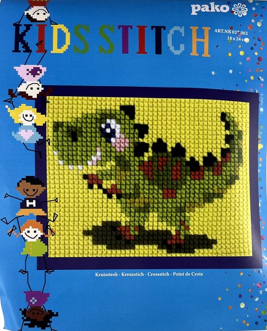 Pako kinder borduurpakket kruissteek - dinosaurus T-rex - geprint stramien - 027.062 - DIY kids kit