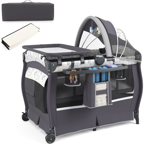 COSTWAY 5-in-1 reisbed met matras, bijzetbed inklapbaar met verstelbare luifel, babybed met aankleedkussen, muziekdoos en draagtas, kinderreisbed tot 15 kg belastbaar (bladeren)