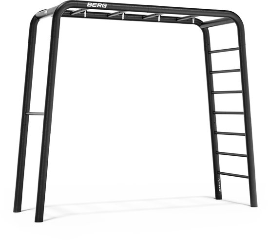 Zwart metalen speeltoestel frame met rekstok en ladder.
