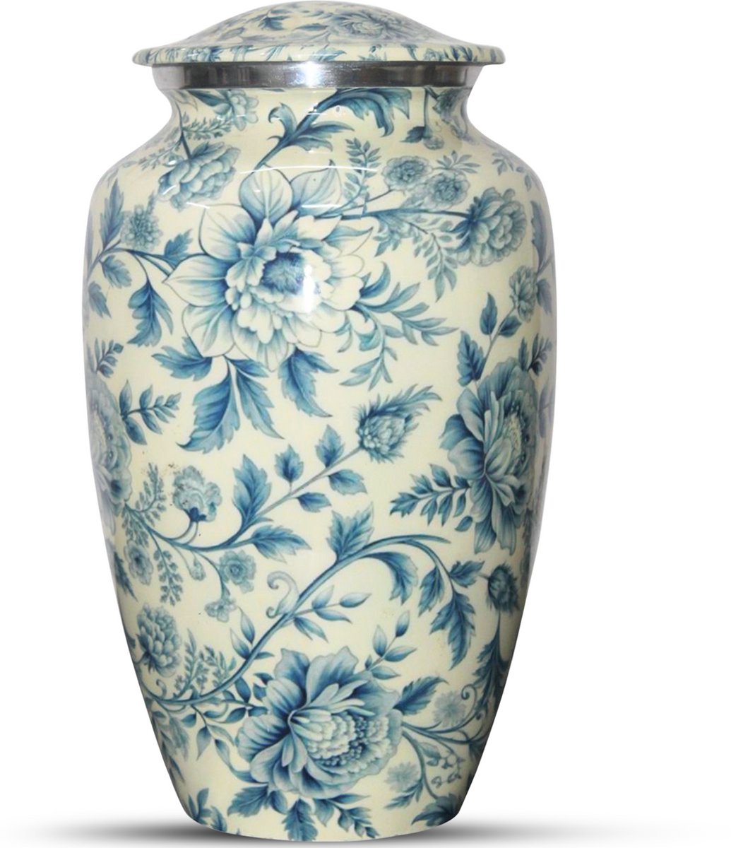 XXL As Urn - 3.5 Liter - Crematie Urn - Uniek - Voor Huisdieren of Menselijk As - Crematie As - Mini Urn - Decoratie Urn - Blue Flowers
