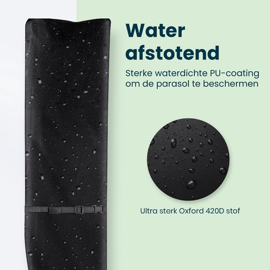 Zwarte, waterafstotende Oxford 420D parasolhoes met duidelijke waterdruppels.