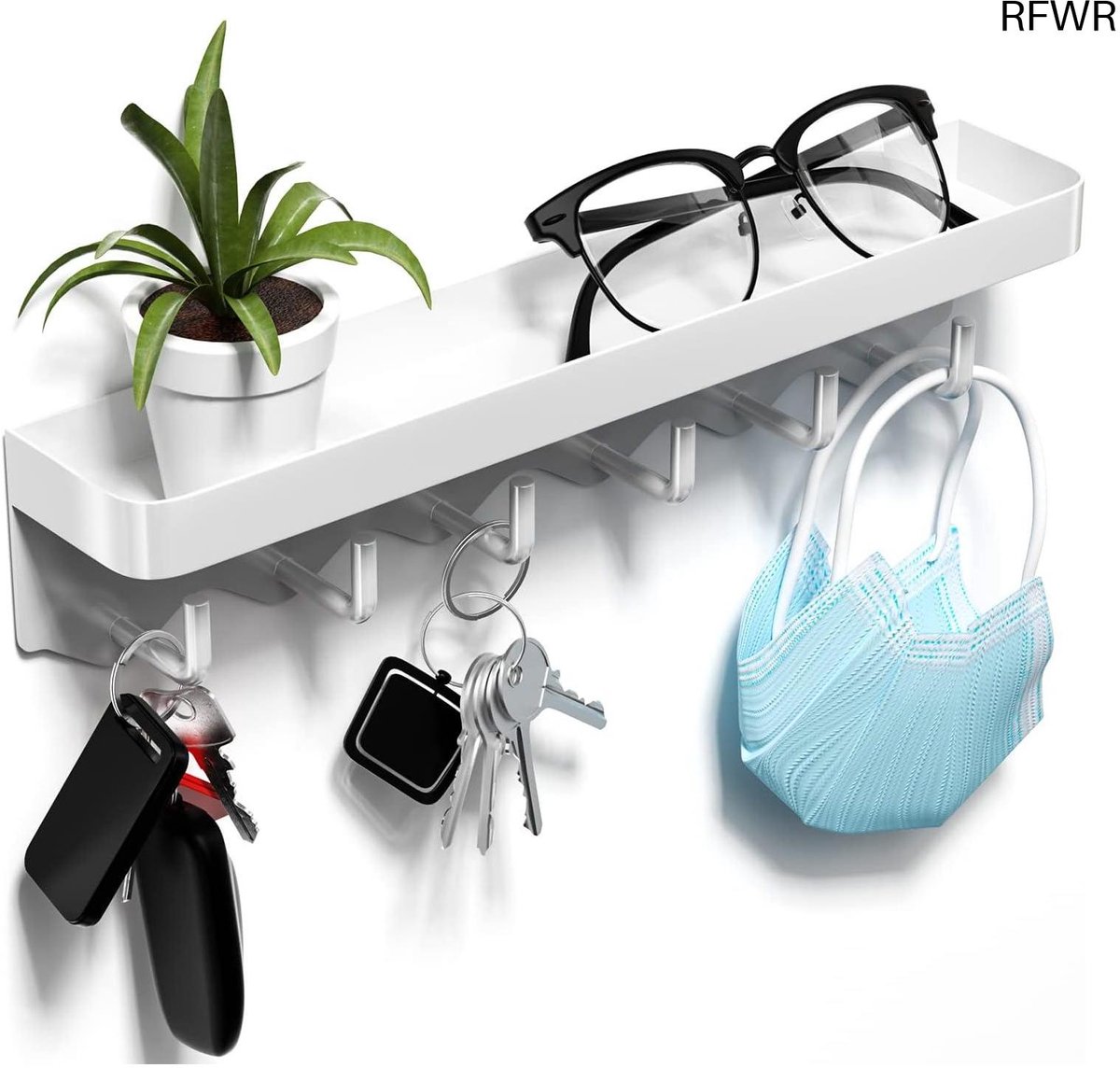 RFWR Sleutelrek met Plank en 6 Haken - Ruimtebesparende Organizer voor je Ingang en Keuken Wit