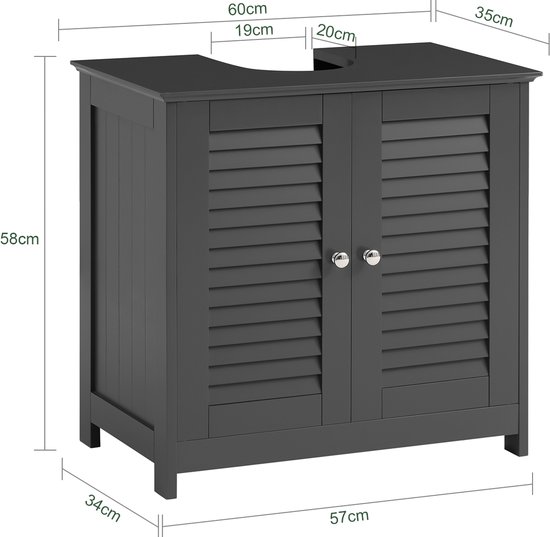 SoBuy Wastafelonderkast - Badkamermeubel met 2 Deuren en 2 Opbergplanken - Donkergrijs, 60x35x58cm, FRG237-II-DG