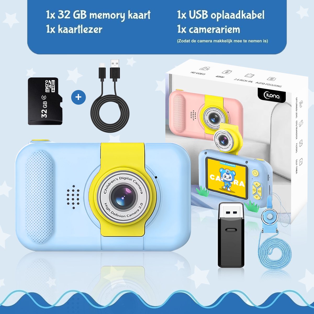 Ilona® Digitale Kindercamera HD 1080p - Speelgoedcamera - 32GB micro sd kaart - Fototoestel Voor Kinderen - Blauw — afbeelding 5