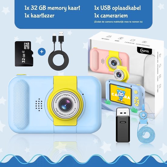 Blauwe digitale camera met scherm, 32GB geheugenkaart, USB-kabel, camerar Attachment en verpakking van een roze camera.