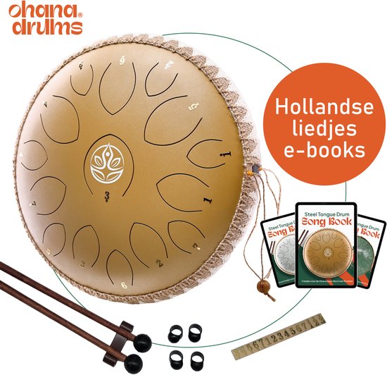 Ohana Drums® Tongue drum – Handpan – Zonnegloed Goud – 36 cm Ø – Klankschaal – 15 noten – Yoga Drum – Muziekinstrument voor kinderen - Chakra meditatie en ontspanning - Incl. Hollandse liedjes e-book