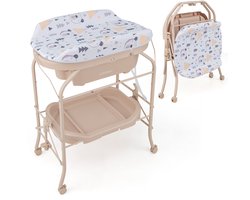 COSTWAY 4 in 1 luiertafel met badje, draagbare luiertafel met PVC deksel & afvoerbuizen, mobiel luierstation opvouwbaar met universele wielen voor baby van 0-12 maanden, belastbaar tot 35 kg (Beige)