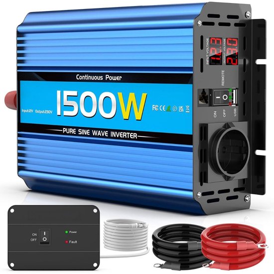 Omvormer 12v 230v Zuivere Sinus - Spanningsomvormer - 200W - Zwart en Blauw