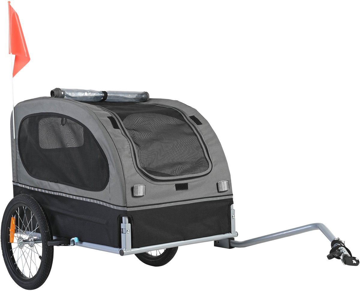 Fietsaanhangwagen voor honden, draagvermogen 40 kg, fietsdrager voor huisdieren met inklapbaar frame, snelspanwielen, universele koppeling, veiligheidsreflectoren, zwart/grijs