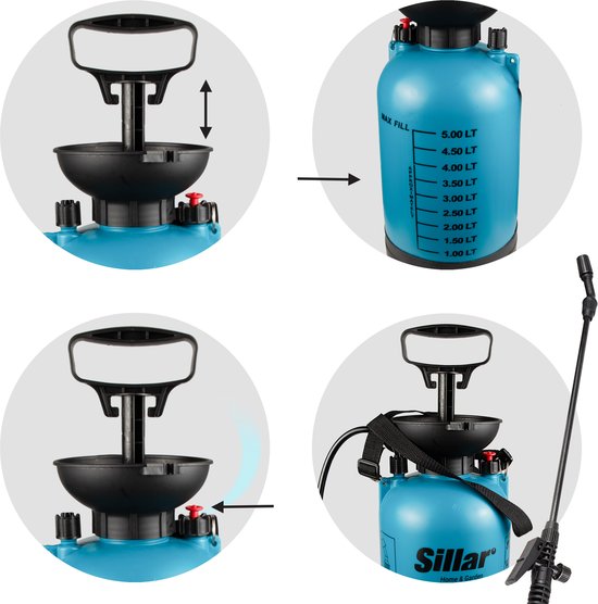Sillar, druksproeier, handmatig, 5 liter, met modulaire lans van 54,5 cm, voor irrigatie, besproeiing, bespuiting, instelbare sproeistroom — afbeelding 5