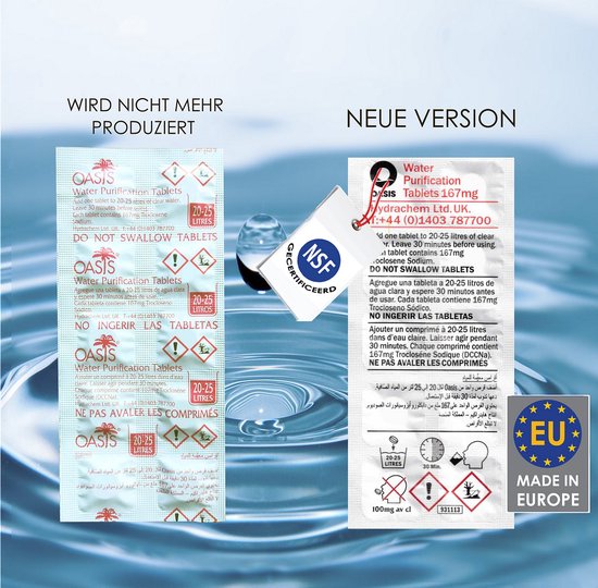 LevinQ Oasis 20 x Waterzuiveringstabletten - Houdbaar tot 2027! - 25 liter Veilig drinkwater per tablet NATO/NSF goedgekeurd + LevinQ® Handschoenen PE van LevinQ — afbeelding 3