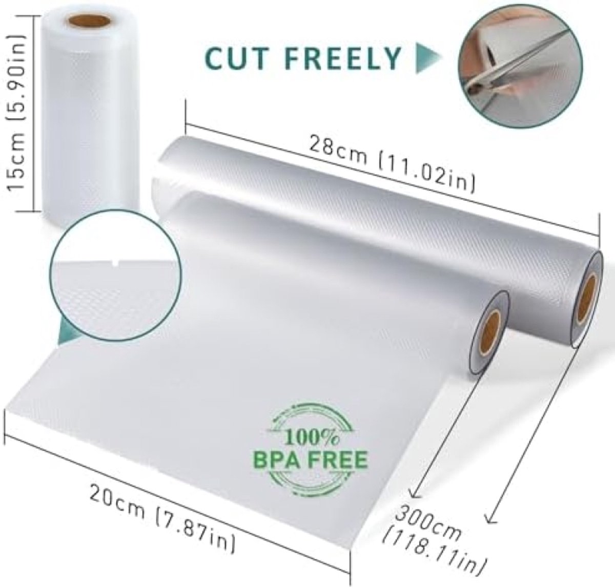 Sacs sous vide 3 rouleaux de film sous vide : 15/20/28 x 300 cm, sans BPA, compatibles Sacs sous vide 3 rouleaux de film sous vide : 15/20/28 x 300 cm, sans BPA, compatibles