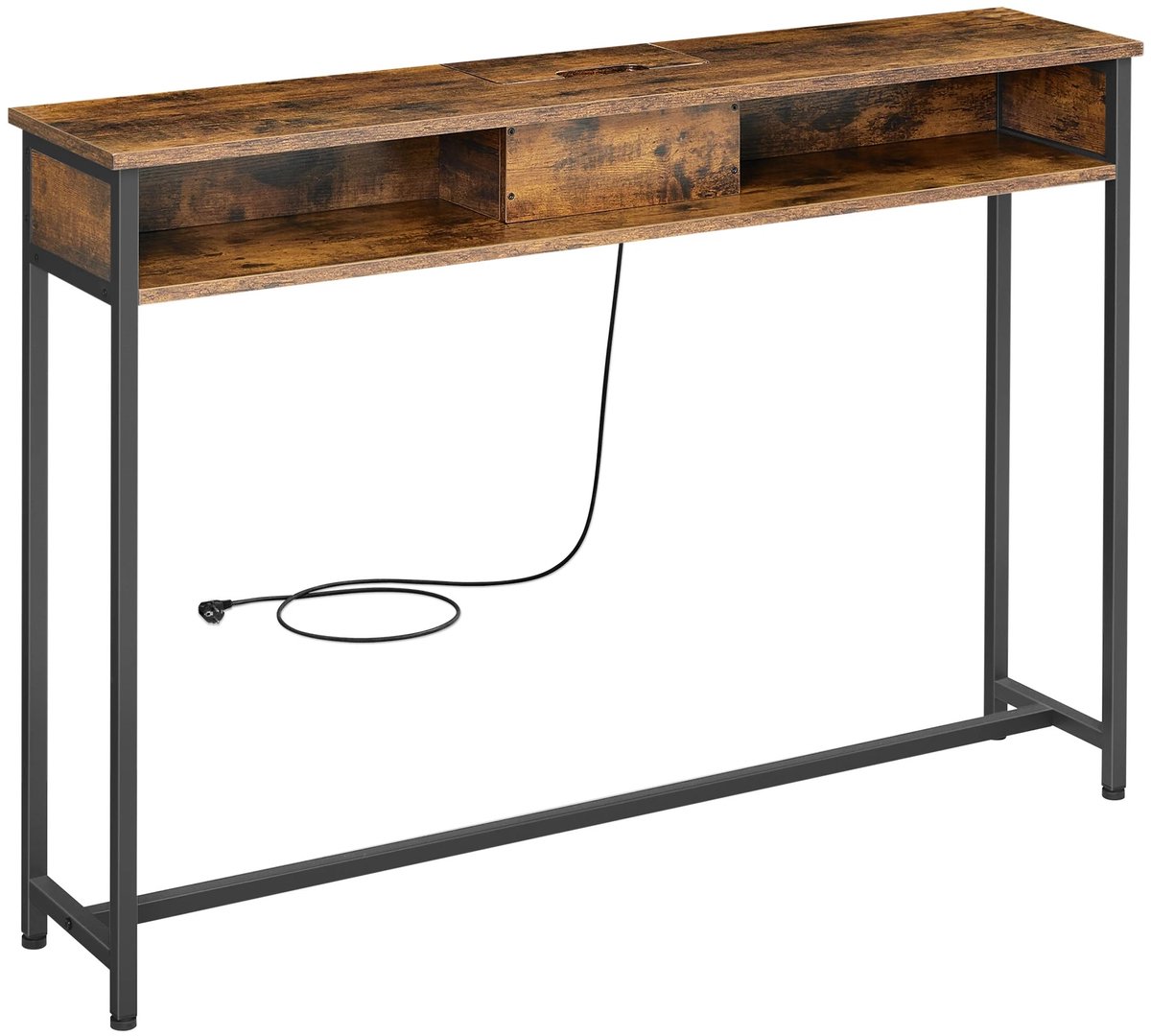 Industriële Consoletafel Met Laadstation En USB-poorten En 5 Kabelklemmen 180 Cm Slanke Banktafel Voor Entree Hal Woonkamer Vintage Bruin