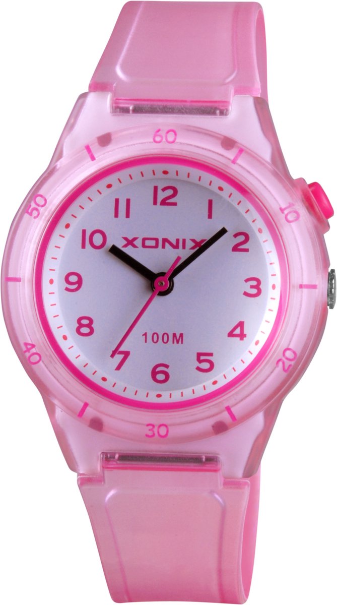 Xonix-Kinderhorloge-roze-Model Abu-002-transparant roze horlogeband-100 meter waterdicht-zwemmen-duidelijke wijzerplaat-diameter 32 mm - verlichting