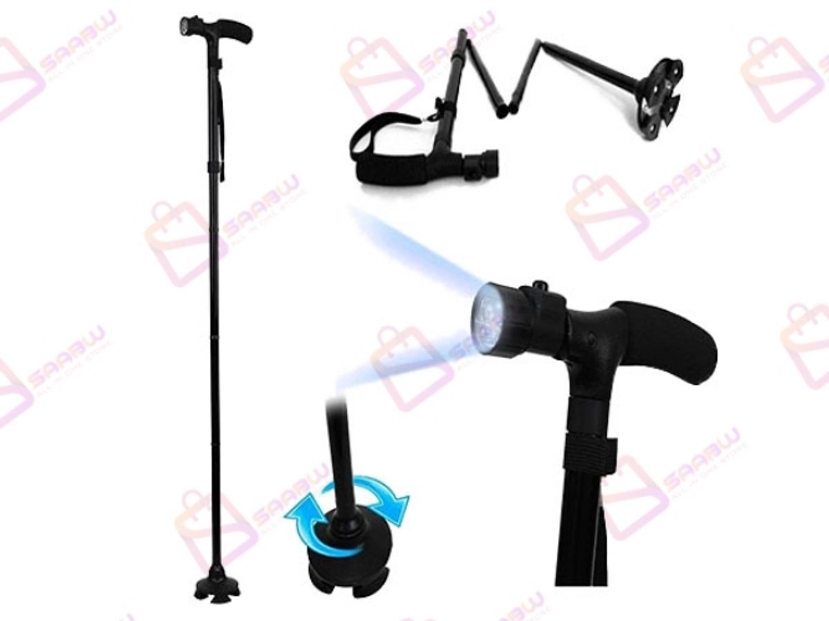 Opvouwbare wandelstokken met LED Zaklamp – 6 LED’s – 5 Hoogtes – wandelstok opvouwbaar – wandelstokken verstelbaar – Zwart – Incl. Polsbandje – 06253
