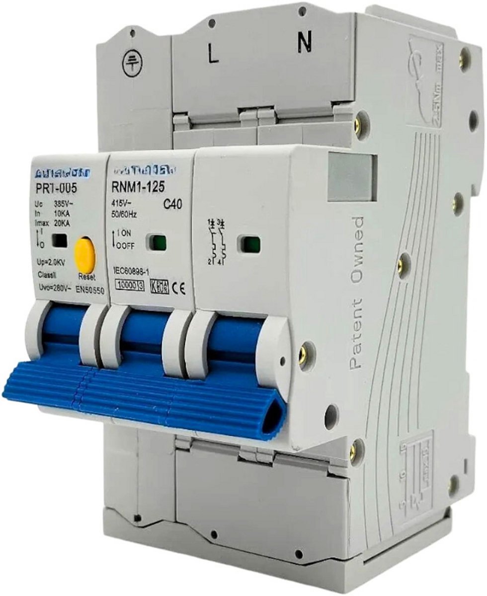 Thuys – Overspanningsbeveiliging Type 2 – 2 – Polig 40 A – Klasse C – Voorbedraad – 230V AC – 10kA – Eenfasig – 280V Max