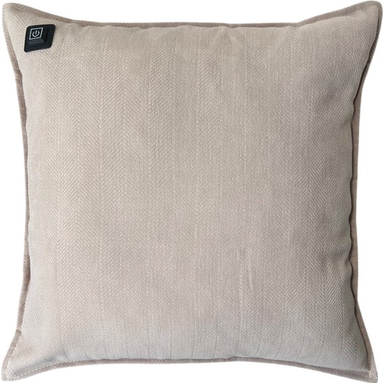 Warmpi® Draadloos Warmtekussen incl Warmpi® Powerbank (10.000mah) - Chenille Beige - Elektrisch Verwarmd sierkussen heeft ook kabel van 3m voor opwarming via stopcontact of USB Poort - 3 standen - Afmeting 45x45cm - oplaadbaar infrarood kussen