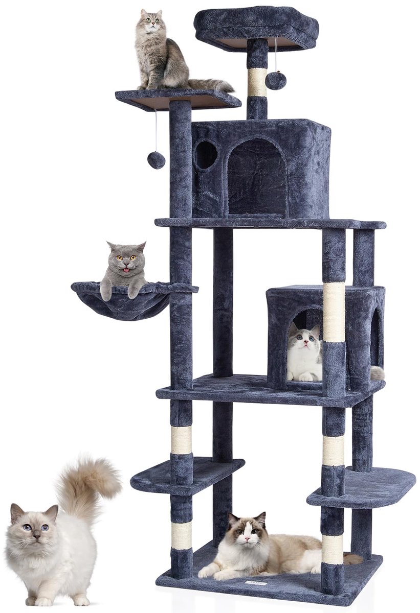 Ibenzoa® Hoogwaardige Krabpaal voor Katten met Diverse Speelmogelijkheden en Comfortzones, 174 cm Hoog, Donkergrijs