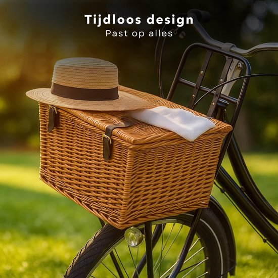Mand Riet Cheqo® Fietsmand Riet 30L – Bakkersmand Bruin met Deksel & Riempjes ...
