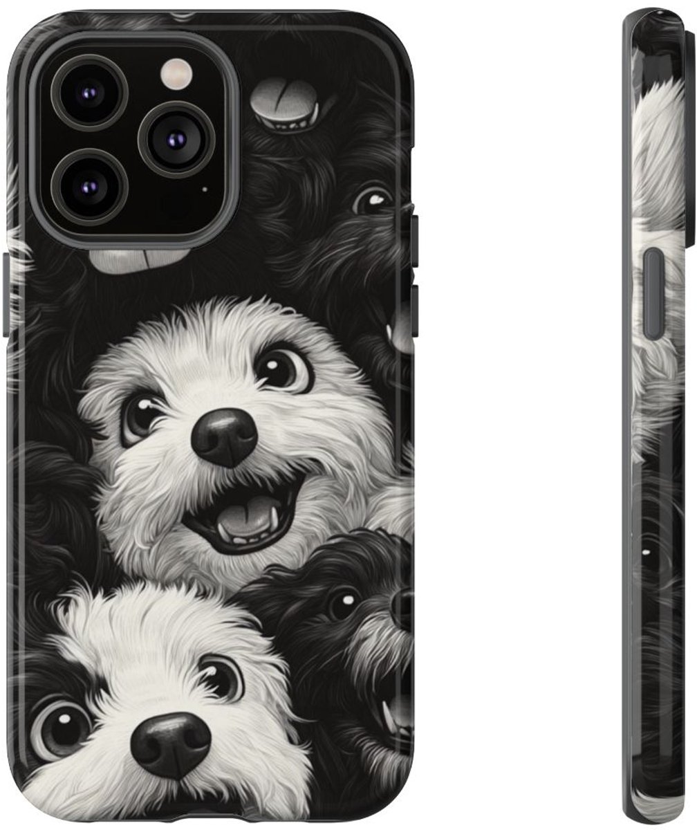 Zwart-Wit Vrolijke Hondenkoppen Patroon – Telefoonhoesje Geschikt voor iPhone 14 Pro Max