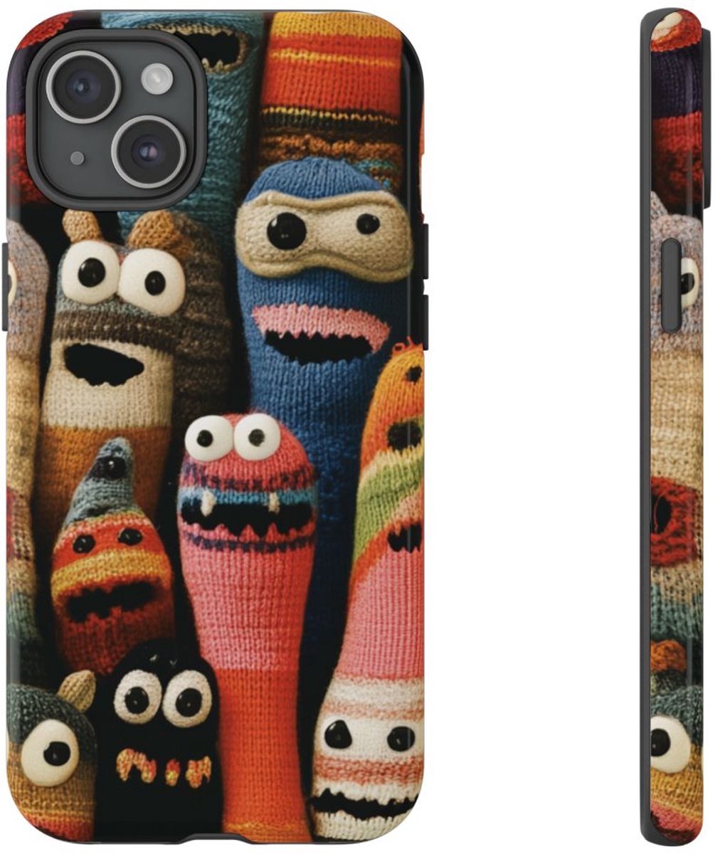 Vrolijke Gebreide Monsterfiguren – Telefoonhoesje Geschikt voor iPhone 15 Plus