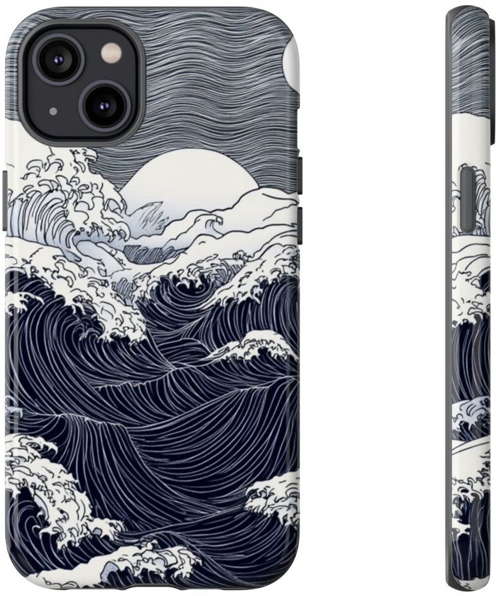 Monochrome Oceaangolven met Maan – Telefoonhoesje Geschikt voor iPhone 14 Plus