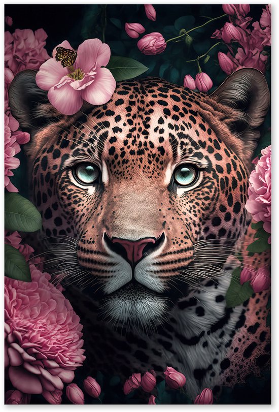 Graphic Message - Schilderij op Canvas - Panter met roze bloemen - Luipaard - Jaguar - Dierenhoofd - Jungle - Luxe - Hotel Chique - Dier - Dieren - Zwart - 80x120
