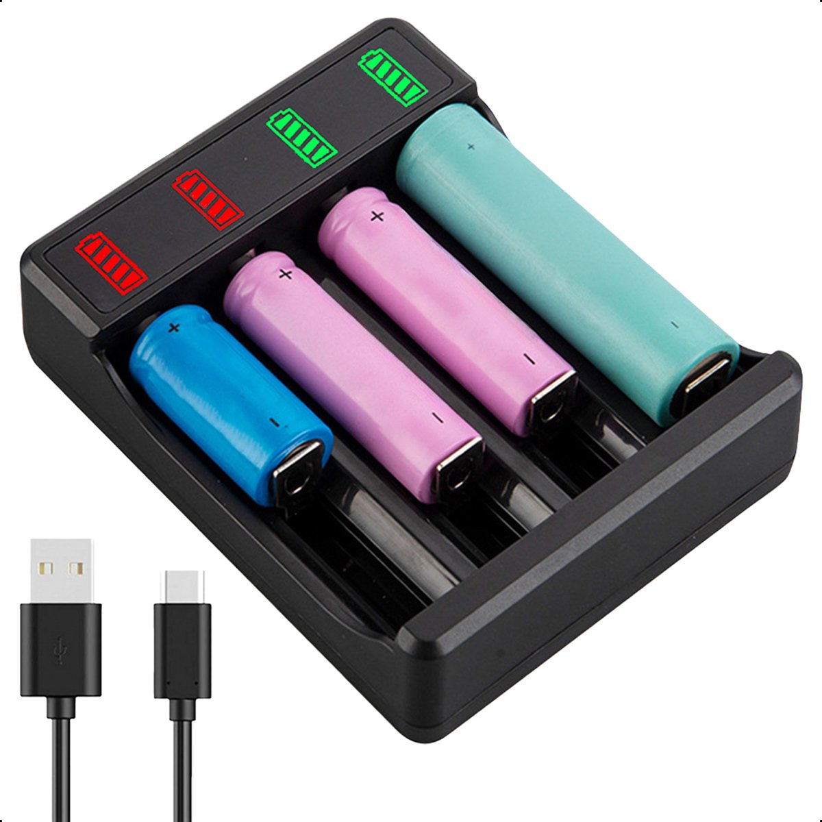 Tech Essentials 4 Slots 18650 Batterij Oplader - USB-C - Li-ion 3,7V - Lithium