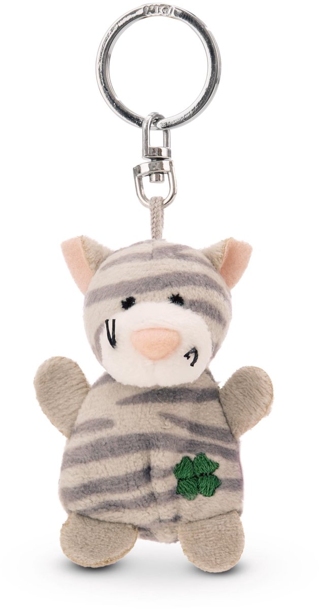NICI sleutelhanger kat grijs gestreept met klaverblad 5cm