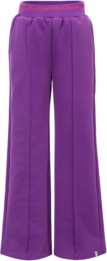 Paarse wijde broek met glinsterende tailleband en naden.