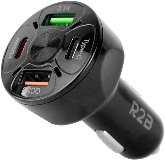 R2B Autolader USB C & USB A - 4 poorten - Veilig en Compact - Auto Snellader - Auto Oplader Sigarettenaansteker USB C - USB lader - Auto Adapter - Zwart
